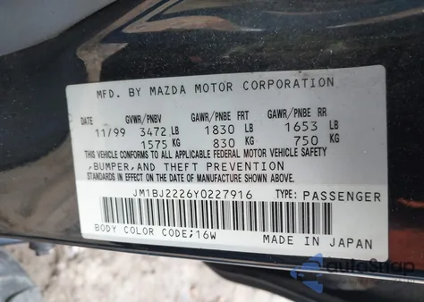 2000 Mazda Protege Dx/Lx z USA, uszkodzony, nr VIN JM1BJ2226Y0227916